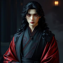 A stunning male figure resembling Jim from BTS, with long, curly black hair and striking red eyes