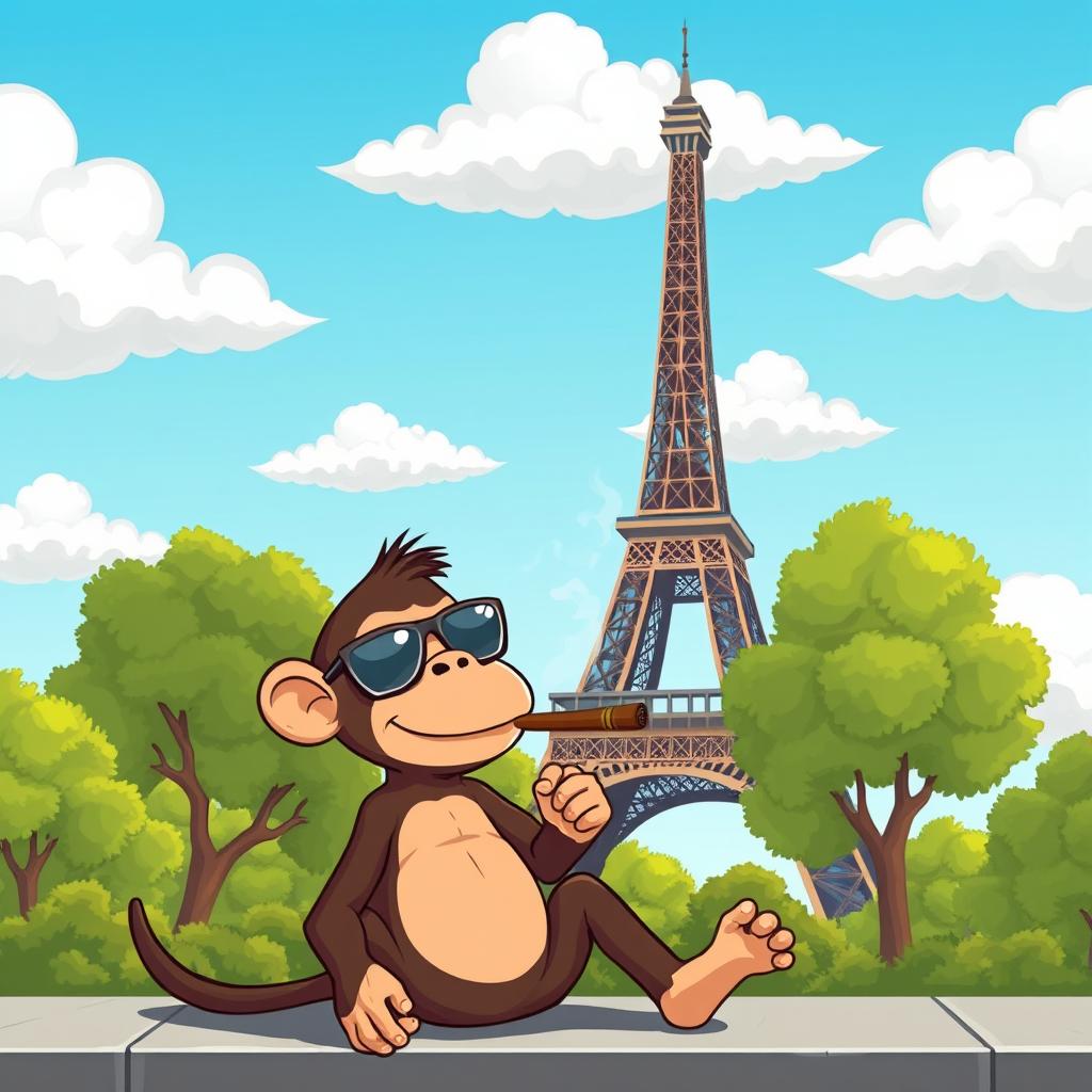 A whimsical scene featuring a cartoonish monkey leisurely smoking a cigar, sitting against the backdrop of the iconic Eiffel Tower in Paris
