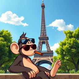 A whimsical scene featuring a cartoonish monkey leisurely smoking a cigar, sitting against the backdrop of the iconic Eiffel Tower in Paris