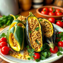 A beautifully arranged dish of carved zucchini and eggplant, filled with bulgur wheat