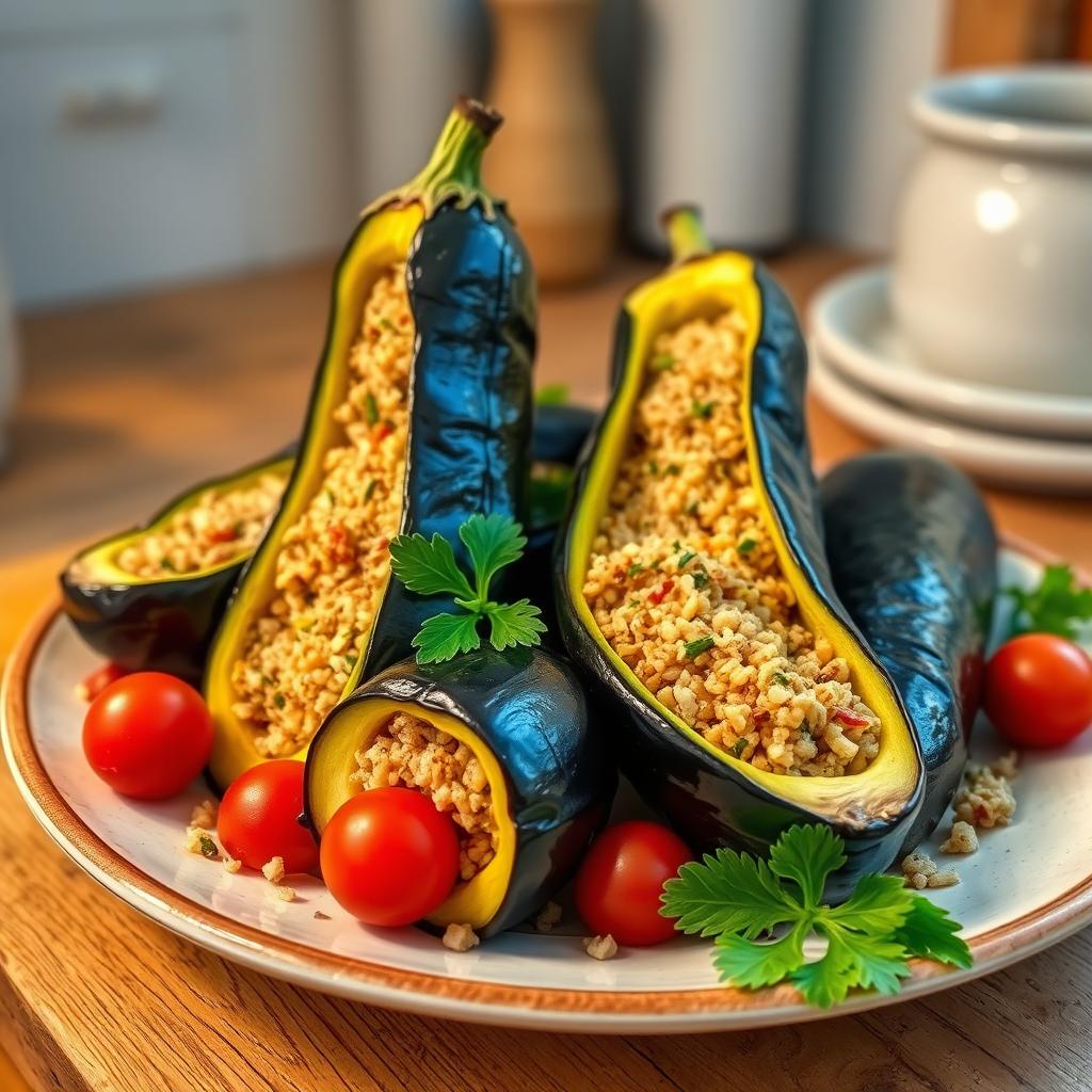 A beautifully arranged dish of carved zucchini and eggplant, filled with bulgur wheat