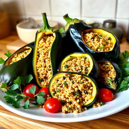 A beautifully arranged dish of carved zucchini and eggplant, filled with bulgur wheat