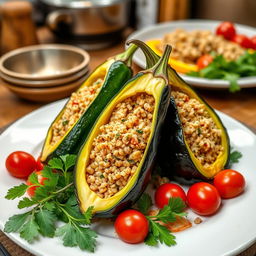 A beautifully arranged dish of carved zucchini and eggplant, filled with bulgur wheat