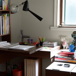 A well-organized study table featuring a lamp, a few books, stationery, and a laptop