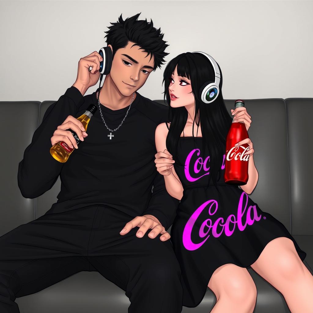 A tall boy dressed in all black clothing is seated next to a girl with long black hair