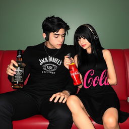 A tall boy dressed in all black clothing is seated next to a girl with long black hair
