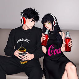 A tall boy dressed in all black clothing is seated next to a girl with long black hair