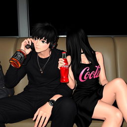 A tall boy dressed in all black clothing is seated next to a girl with long black hair