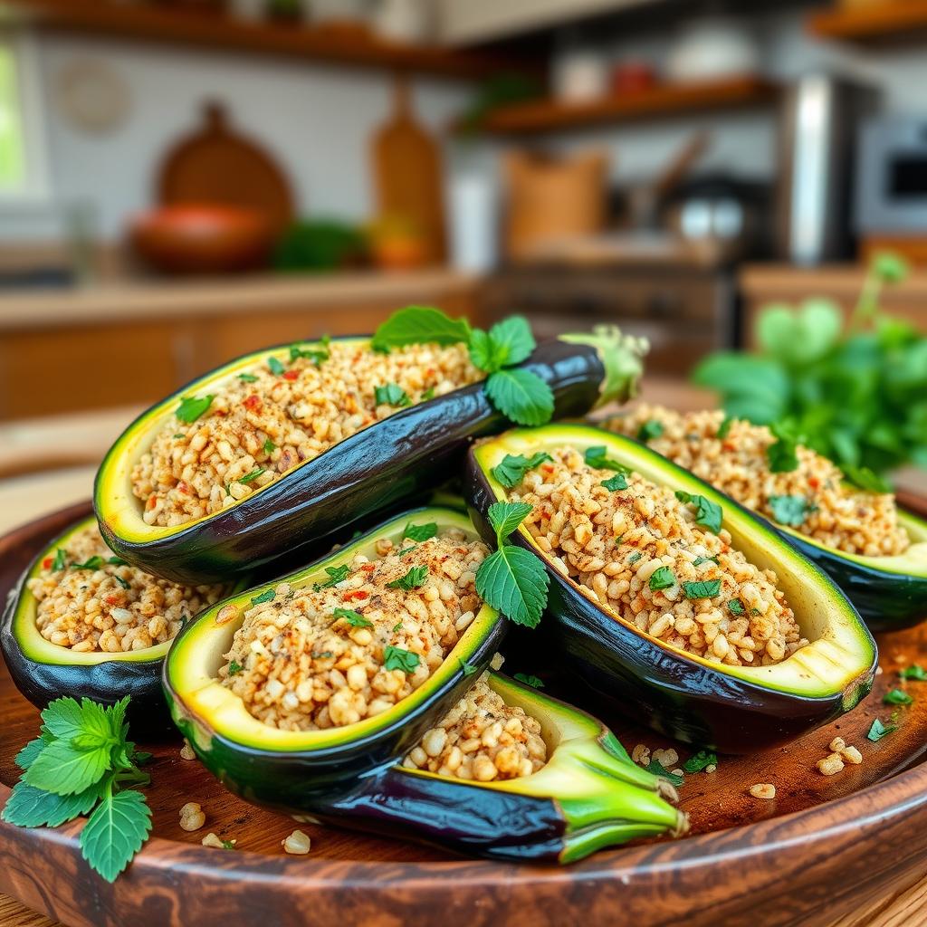 A beautifully arranged dish of zucchini and eggplant, hollowed out and stuffed with seasoned bulgur wheat