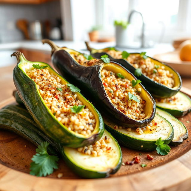 A beautifully arranged dish of zucchini and eggplant, hollowed out and stuffed with seasoned bulgur wheat