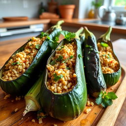 A beautifully arranged dish of zucchini and eggplant, hollowed out and stuffed with seasoned bulgur wheat