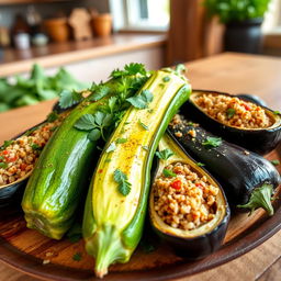 A beautifully arranged dish of zucchini and eggplant, hollowed out and stuffed with seasoned bulgur wheat