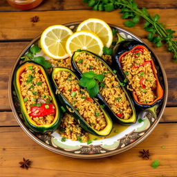 A beautifully arranged plate of traditional Egyptian stuffed vegetables (Mahshi), featuring zucchini, bell peppers, and eggplants filled with a savory rice and herb mixture
