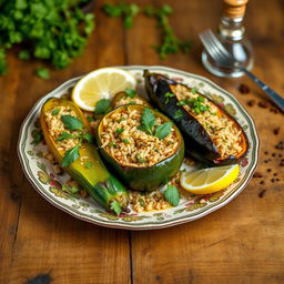 A beautifully arranged plate of traditional Egyptian stuffed vegetables (Mahshi), featuring zucchini, bell peppers, and eggplants filled with a savory rice and herb mixture