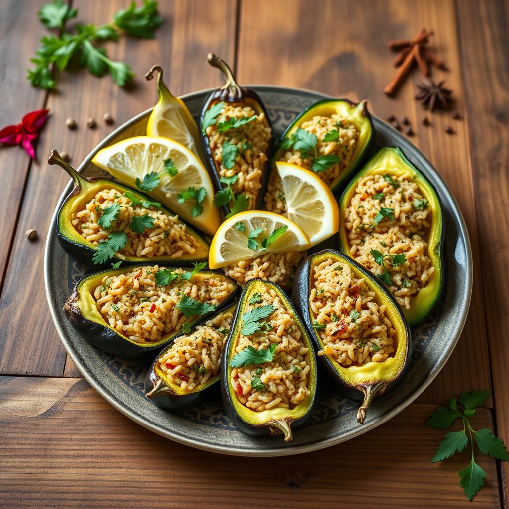 A beautifully arranged plate of traditional Egyptian stuffed vegetables (Mahshi), featuring zucchini, bell peppers, and eggplants filled with a savory rice and herb mixture