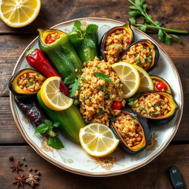 A beautifully arranged plate of traditional Egyptian stuffed vegetables (Mahshi), featuring zucchini, bell peppers, and eggplants filled with a savory rice and herb mixture