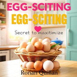 A realistic image of a sunny, vibrant kitchen featuring a basket filled with fresh eggs