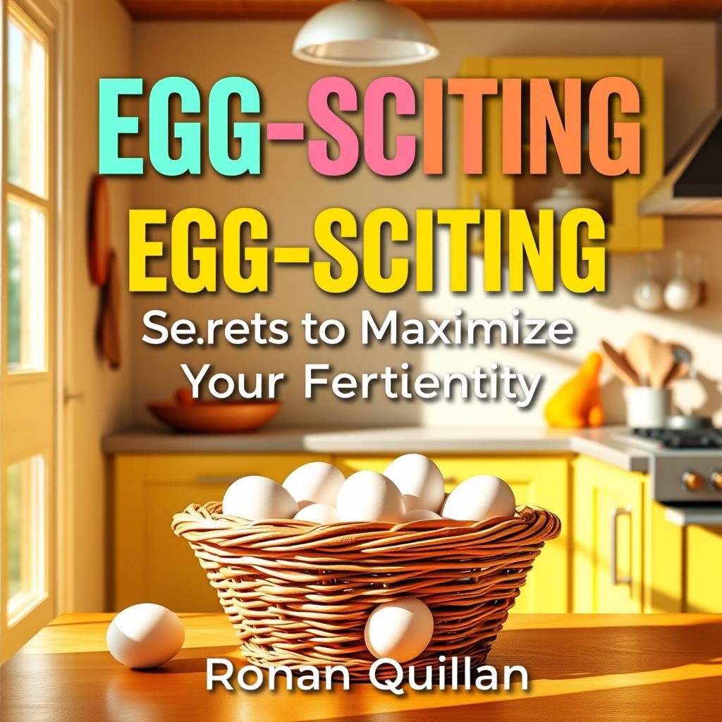A realistic image of a sunny, vibrant kitchen featuring a basket filled with fresh eggs