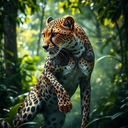 A powerful cheetah with intricate smoke tattoos swirling across its body, showcasing a blend of elegance and strength