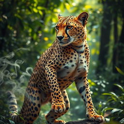 A powerful cheetah with intricate smoke tattoos swirling across its body, showcasing a blend of elegance and strength