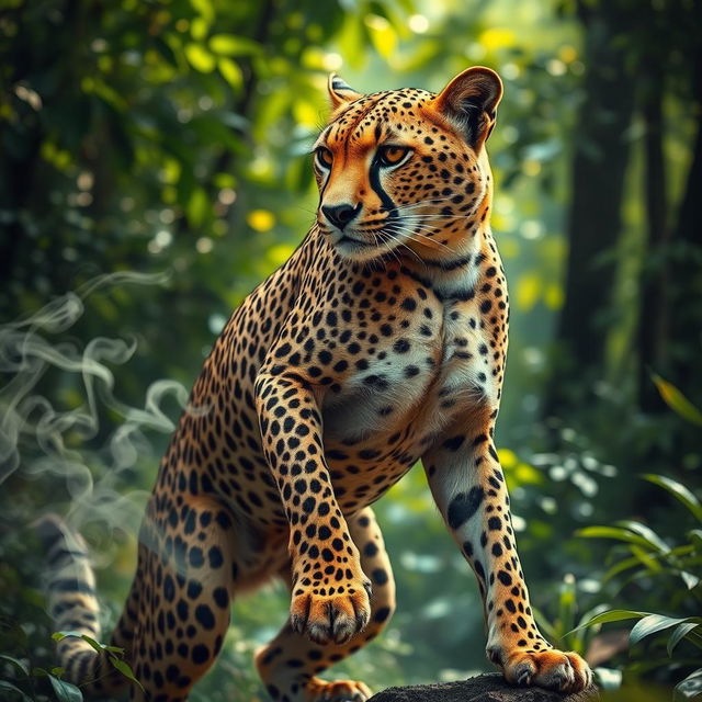 A powerful cheetah with intricate smoke tattoos swirling across its body, showcasing a blend of elegance and strength