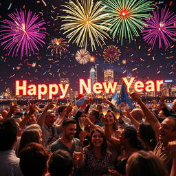 A lively New Year's celebration scene filled with colorful fireworks exploding in the night sky