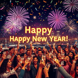 A lively New Year's celebration scene filled with colorful fireworks exploding in the night sky