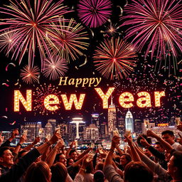 A lively New Year's celebration scene filled with colorful fireworks exploding in the night sky