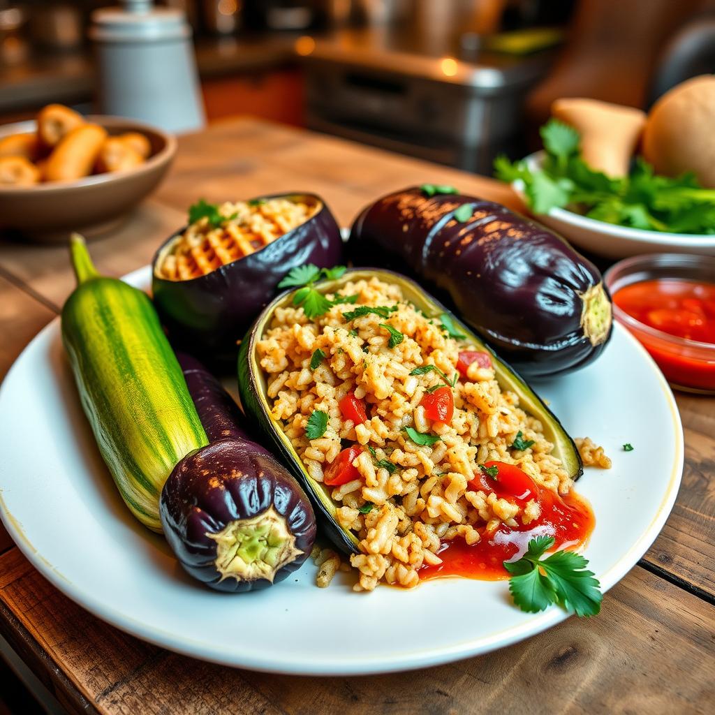 A beautifully arranged plate of stuffed zucchini and eggplant, vibrant colors showcasing the green zucchini and deep purple eggplant, filled with a savory mixture of rice, herbs, and spices