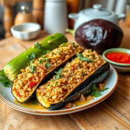 A beautifully arranged plate of stuffed zucchini and eggplant, vibrant colors showcasing the green zucchini and deep purple eggplant, filled with a savory mixture of rice, herbs, and spices