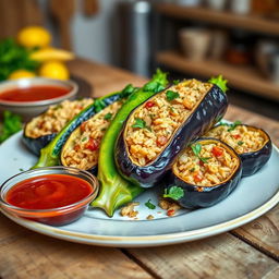 A beautifully arranged plate of stuffed zucchini and eggplant, vibrant colors showcasing the green zucchini and deep purple eggplant, filled with a savory mixture of rice, herbs, and spices