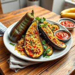 A beautifully arranged plate of stuffed zucchini and eggplant, vibrant colors showcasing the green zucchini and deep purple eggplant, filled with a savory mixture of rice, herbs, and spices