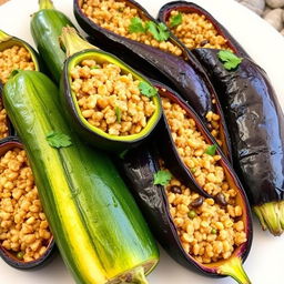 A vibrant and delicious dish of zucchini and eggplant stuffed with bulgur wheat