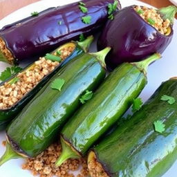 A vibrant and delicious dish of zucchini and eggplant stuffed with bulgur wheat