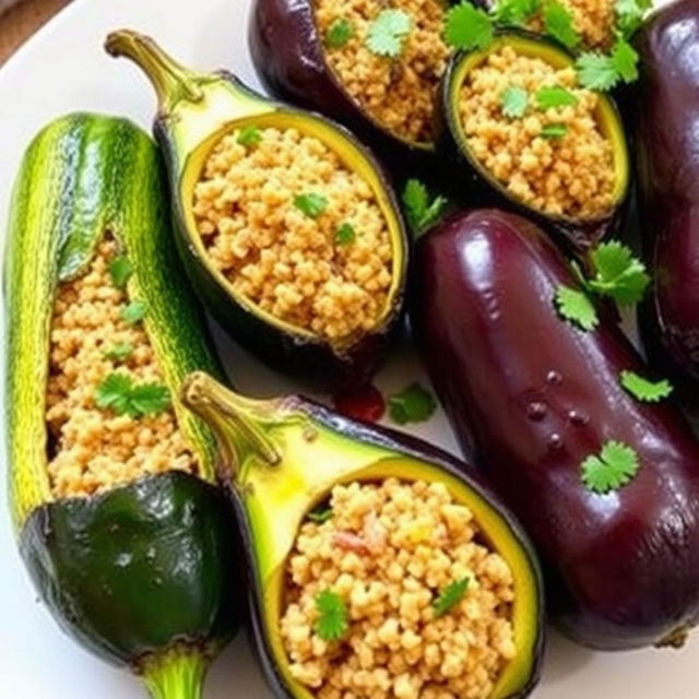 A vibrant and delicious dish of zucchini and eggplant stuffed with bulgur wheat