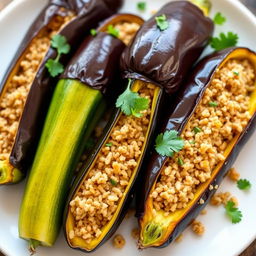 A vibrant and delicious dish of zucchini and eggplant stuffed with bulgur wheat