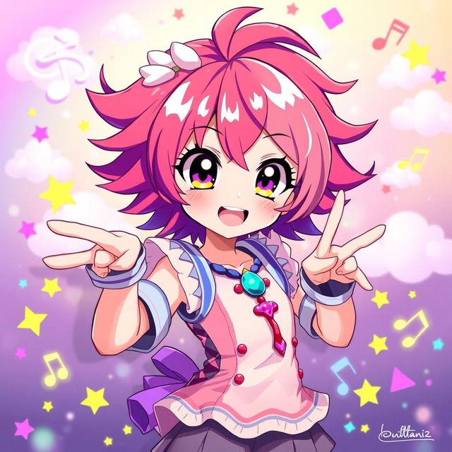 A vibrant and dynamic 2D anime character, featuring brightly colored hair styled in a unique way, expressive large eyes showcasing a variety of emotions, and wearing a stylish outfit that reflects a fantasy theme