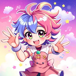 A vibrant and dynamic 2D anime character, featuring brightly colored hair styled in a unique way, expressive large eyes showcasing a variety of emotions, and wearing a stylish outfit that reflects a fantasy theme