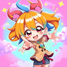 A vibrant and dynamic 2D anime character, featuring brightly colored hair styled in a unique way, expressive large eyes showcasing a variety of emotions, and wearing a stylish outfit that reflects a fantasy theme