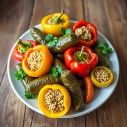 A beautiful arrangement of stuffed vegetables, featuring vibrant bell peppers, zucchini, and grape leaves filled with seasoned bulgur wheat