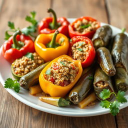 A beautiful arrangement of stuffed vegetables, featuring vibrant bell peppers, zucchini, and grape leaves filled with seasoned bulgur wheat