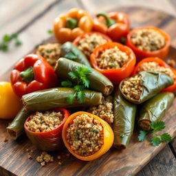 A beautiful arrangement of stuffed vegetables, featuring vibrant bell peppers, zucchini, and grape leaves filled with seasoned bulgur wheat