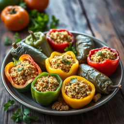 A beautiful arrangement of stuffed vegetables, featuring vibrant bell peppers, zucchini, and grape leaves filled with seasoned bulgur wheat