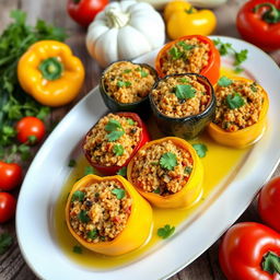 A vibrant and colorful dish of stuffed vegetables, featuring bell peppers, zucchini, and eggplant filled with a flavorful mix of bulgur wheat, herbs, and spices