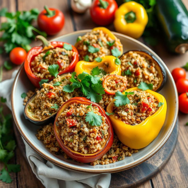 A vibrant and colorful dish of stuffed vegetables, featuring bell peppers, zucchini, and eggplant filled with a flavorful mix of bulgur wheat, herbs, and spices