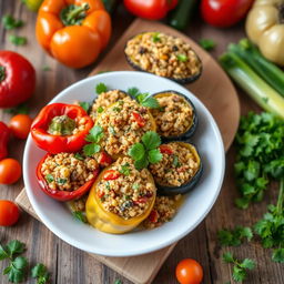 A vibrant and colorful dish of stuffed vegetables, featuring bell peppers, zucchini, and eggplant filled with a flavorful mix of bulgur wheat, herbs, and spices