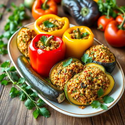 A vibrant and colorful dish of stuffed vegetables, featuring bell peppers, zucchini, and eggplant filled with a flavorful mix of bulgur wheat, herbs, and spices