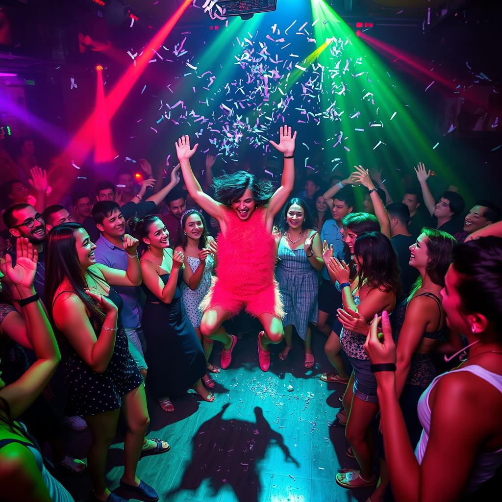 A lively nightclub scene filled with energy, where a diverse crowd of people are joyfully dancing, laughing, and enjoying their night out