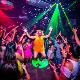 A lively nightclub scene filled with energy, where a diverse crowd of people are joyfully dancing, laughing, and enjoying their night out
