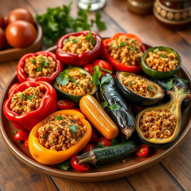 A beautifully arranged platter of stuffed vegetables, including bell peppers, zucchini, and eggplants, all perfectly cooked and filled with a savory mixture of rice, minced meat, and spices